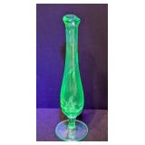 ML - Vintage Uranium Glass Bud Vase with Etched Floral Design, 8 Inch