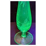 ML - Vintage Uranium Glass Bud Vase with Etched Floral Design, 8 Inch