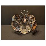 ML - Mid-Century Barware Set with 5 Silver-Rim Glasses, 6 Silver Coasters, and Wire Caddy
