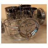 ML - Mid-Century Barware Set with 5 Silver-Rim Glasses, 6 Silver Coasters, and Wire Caddy