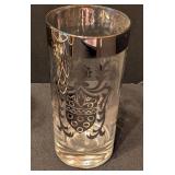 ML - Mid-Century Barware Set with 5 Silver-Rim Glasses, 6 Silver Coasters, and Wire Caddy