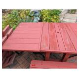 BY - Red Painted Wood Patio Table with Benches and Side Panels