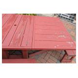 BY - Red Painted Wood Patio Table with Benches and Side Panels