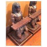 ML - Pair of Metal Egyptian Revival Pharaoh Sculptures / Egyptian Revival Metal Pharaoh Figurines Glass Top Coffee Table