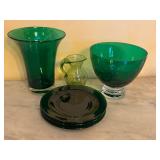 K - Green Blown Glass Tableware Set: 4 Luncheon Plates, 2 Vases, and Small Pitcher