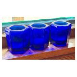 K - Set of 3 Cobalt Blue Glass Candle Holders, Hexagonal, 3 Inches Tall