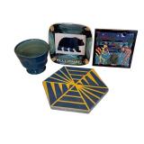 K - Set of 4 Decorative Pottery Pieces Including Planter, Bear Plate, Tile Art, and Hexagonal Trivet