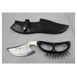 Unique Curved Blade Knife with Spiked Handle and Leather Sheath