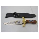 Collector Bowie Knife with Eagle Engraving, Gold Guard, and Sheath