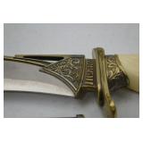 Decorative Fixed Blade Knife with Etched Brass Eagle Pommel and Sheath