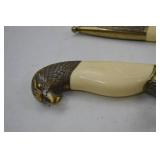 Decorative Fixed Blade Knife with Etched Brass Eagle Pommel and Sheath