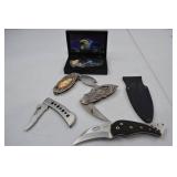 Collection of Themed Folding Pocket Knives with Case and Sheath