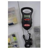 Camo Fishing Tackle Bag with Lures, Accessories, and Digital Scale