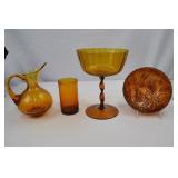 Vintage Amber Glass Assortment: Pitcher, Tumbler, Compote, Carnival Bowl