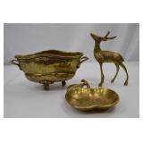 Vintage Hammered Brass Decor Lot: Bowl, Deer, and Leaf Dish