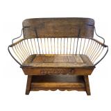 Antique Wooden Buggy Bench with Metal Spindles and Carved Motif