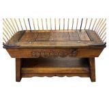 Antique Wooden Buggy Bench with Metal Spindles and Carved Motif