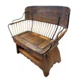 Antique Wooden Buggy Bench with Metal Spindles and Carved Motif