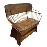Antique Wooden Buggy Bench with Metal Spindles and Carved Motif