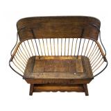Antique Wooden Buggy Bench with Metal Spindles and Carved Motif