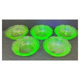 Set of 5 Vintage Uranium Glass Bowls with Floral Pattern