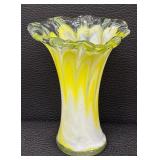 Art Glass Fluted Vase with Yellow and White Swirl