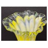 Art Glass Fluted Vase with Yellow and White Swirl
