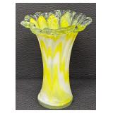 Art Glass Fluted Vase with Yellow and White Swirl