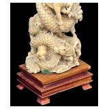 Carved Asian Dragon Figurine on Wood Base