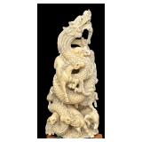 Carved Asian Dragon Figurine on Wood Base