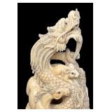 Carved Asian Dragon Figurine on Wood Base