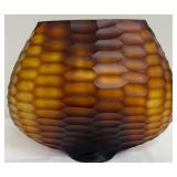 Large Oval Shaped Amber Glass Vase with Contemporary Honeycomb Design - Circa 1990