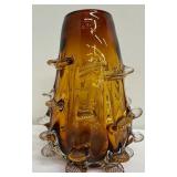 Amber Art Glass Vase with Clear Puffer Fish Scales Stretched/Pinched Vase