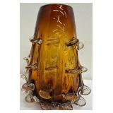 Amber Art Glass Vase with Clear Puffer Fish Scales Stretched/Pinched Vase