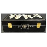 Black Lacquered Vintage Jewelry Box with Mother of Pearl Inlay and Velvet Lining