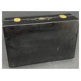 Black Lacquered Vintage Jewelry Box with Mother of Pearl Inlay and Velvet Lining