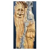 Hand-Carved Wood Spirit Faces in Bark Wall Art