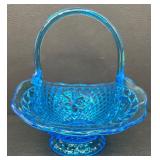 Vintage Indiana Glass Horizon Blue Canterbury Diamond Cut Fruit Basket