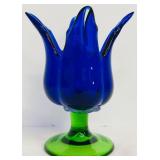 Blue and Green Art Glass Vase with Ruffled Edge