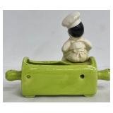 Hollywood Ceramic Match Holder with Little Baker on Green Rolling Pin