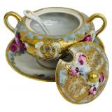 Vintage Nippon Hand-Painted Sugar Bowl with Lid, Saucer and Spoon