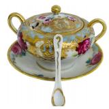 Vintage Nippon Hand-Painted Sugar Bowl with Lid, Saucer and Spoon