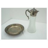 Vintage Crystal Claret Pitcher & Vintage Silver-Plated 3-leg Serving Tray