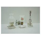 Vintage Milk Glass Rose Table Lamp & Hobnail Hurricane Table Lamp