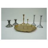 Vintage Brass Tray & Candlesticks, Pewter Candlesticks, & Silver-Colored Metal Candlesticks/Barley Twist Stems