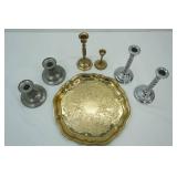 Vintage Brass Tray & Candlesticks, Pewter Candlesticks, & Silver-Colored Metal Candlesticks/Barley Twist Stems