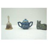 Vintage Fenton Bell Nativity Scene, Blue 2-Handled Pot, Mexican Pottery Signed Cat