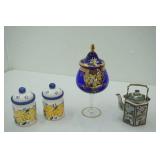 Vintage Venetian Cobalt Blue Enamel & Gold Gilt Chalice & Lid; Andrea by Sadek Teapot & 2 decorative ceramic canisters