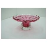 Vintage Murano Pink and Clear Glass Bowl with Scalloped Edges