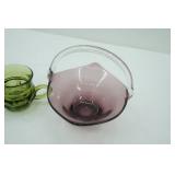 Vintage Anchor Hocking Fairfield Avocado Green Pieces, Viking Glass Purple Lilac Handkerchief Basket
